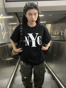 Áo thun ngắn tay nữ mùa hè in hình thành phố New York, kiểu dáng thoải mái, đa năng, màu đen. - màu đen - Xem 4