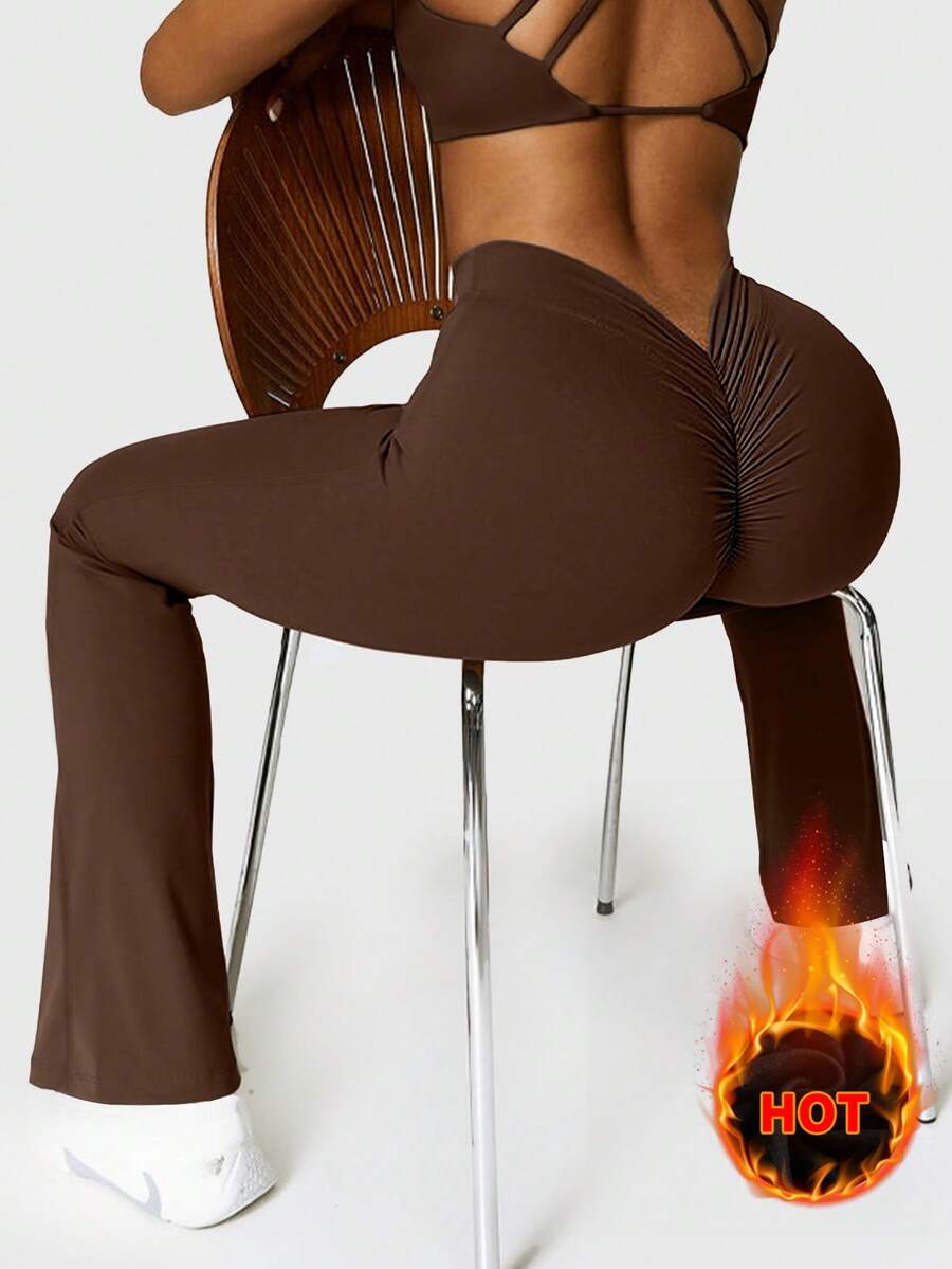 Speed mate Thermal Lined Wide Leg Pants For Women - Coffee Brown High Waist Yoga Flared Pants, Winter Warm Dance Trousers - Coffee Brown - View 1