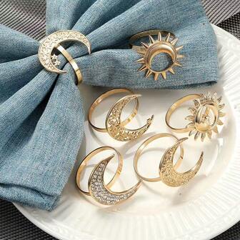 Anillos creativos de servilletas de metal, anillos de servilletas decorativos para fiestas y eventos con diseños personalizados - luna, sol y patrones recortados, adecuados para fiestas festivas de Oriente Medio