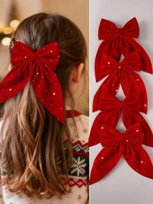 4 Stücke/Set Haarspangen mit Strass-Schleifen, glänzende Leder-Entenschnabel-Haarklammern, luxuriöse ästhetische Haarzubehör für Valentinstag, Weihnachten - Rot - Übersicht 1