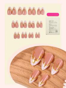 法式金色镀铬亚克力美甲贴片 24 片装，中号杏仁形按压式美甲贴片，Y2K 白色假指甲套装，带闪粉装饰，适用于美甲沙龙、女孩和女士日常佩戴、节日派对和送礼。