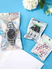 100pcs Resealable Holographic Packaging Bags, Small Business Use Holographic Bags, Rainbow Color Mylar Bags With Transparent Front Anti-Odor Aluminum Foil Packaging Bags, Multi-Purpose Storage, Wedding And New Year Party Gift Packaging, Wedding Gifts Packaging, Party Decorations, Jewelry, Party Favors - Multicolor - View 5