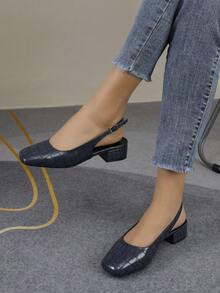 时尚舒适的石纹粗跟鞋，简约小方跟，百搭优雅 - 藍色 - 查看 2