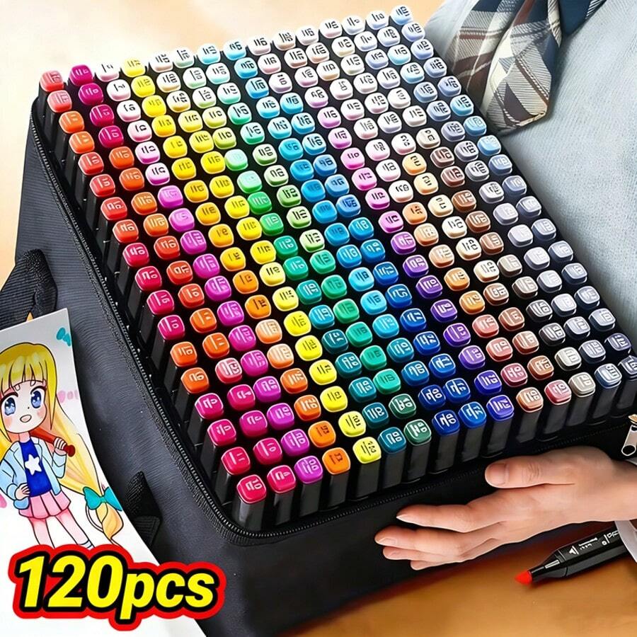 168/120/80/48/36/24 PCS Marker Sets, Dual-Tips, DIY Craft Pens, Watercolor Pens, School Supplies, Professional Permanent Colors, For Painting, Sketching, Coloring, Calligraphy - Ideal For Halloween & Christmas Gifts, Art Lovers, Art Supplies - 120 種顏色和麥克筆 - 查看 1