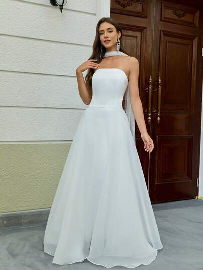 YUMIBRAVO Elegant Wedding Dresses Bride White Dresses For Women Strapless Wedding Dresses For Bride Maxi Dress Prom Dress Ball Gown Dress Woman Formal Dress Elegant Bridal Dresses For Wedding Party