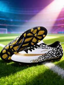 All-Season Football/Soccer Shoes, For Teenagers, Campus Students, Sports, Football Training, Football Match, Long Studs Anti-Slip (Asymmetrical Camouflage Pattern On Shoe Upper, Asymmetrical Tongue) - White - View 2