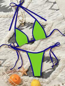 Bộ đồ bơi nữ 2 món, áo và quần tam giác buộc dây phối màu vàng và xanh dương tương phản. - màu xanh lá - Xem 6