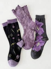 女士可爱森系紫色中筒袜 - 彩色 - 查看 8