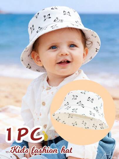 1 pieza Sombrero de cubo para bebé con estampado de gato de dibujos animados, ligero y transpirable con protección solar, opción de sombreado de verano, adecuado para bebés de 1 a 3 años para jugar al aire libre, excelente como regalo de cumpleaños