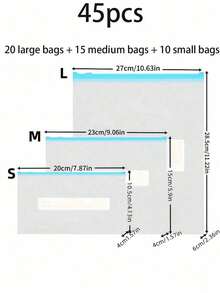 45个可重复使用的密封食品保鲜袋（20个大号+15个中号+10个小号），加厚冷冻袋，微波炉适用，蓝色，用于长期食品保鲜和整理，透明PE拉链袋，适用于厨房食品分类和零食储存 - 透明 - 查看 14