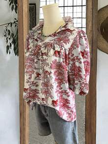 Áo kiểu nữ mùa hè in họa tiết cây cối và động vật màu xanh trắng, chất liệu sứ, kiểu dáng thường ngày thoải mái, cổ chữ V, tay ngắn. - Đỏ - Xem 4