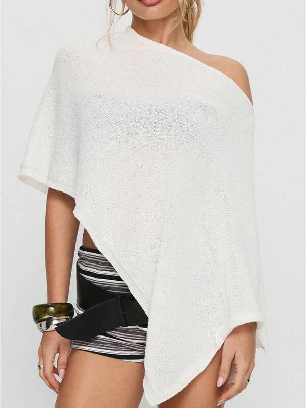 Women Summer Sheer Cover Up Top Lightweight Knit Poncho Shrug Shawl Off The Shoulder Ruffle Cape Pullover Sweater