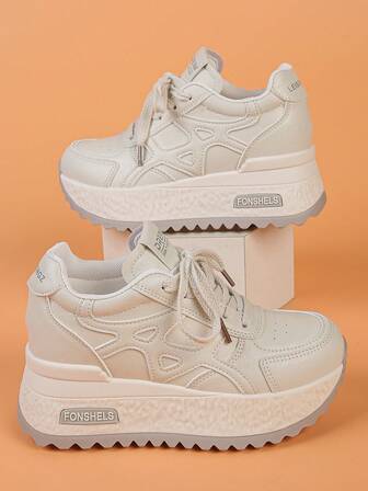 Women's Platform Sneakers, Solid Color Casual Outdoor Lace-Up Round Toe Fashion Versatile Casual Shoes, Height Increasing