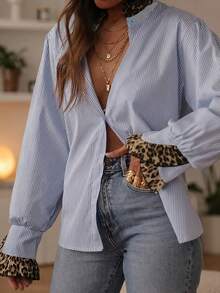 1pc Polyester Striped & Leopard Print Patchwork Button Down Collared Shirt, Suitable For Vacation, Spring/Autumn - Blue - View 7