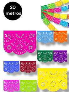 Papel Picado Plastificado para toda ocasión – De diferentes colores y  Vivos colores , 5 a 30 Metros, Resistente y de Gran Tamaño, Ideal para Fiestas y Altares, fiesta patronales, bautizos, XV años, bodas, cumpleaños, decoración en iglesia y exteriores - 20 metros - Ver 2