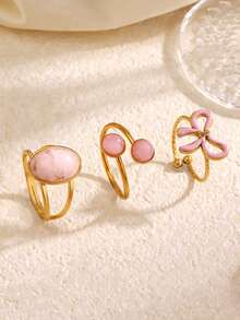 3pcs/Set Stainless Steel Fashionable Pink Geometric Oval & Round Bow Tie Ring Set, Suitable For Women Everyday Wear - Multicolor - View 5