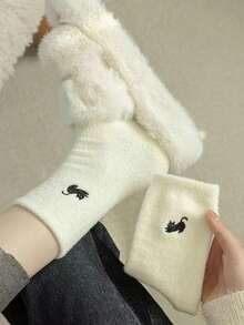 4 Pairs Coral Fleece Socks For Women, Fluffy Soft Cute Cartoon Thick Warm Sleeping Floor Socks, Assorted