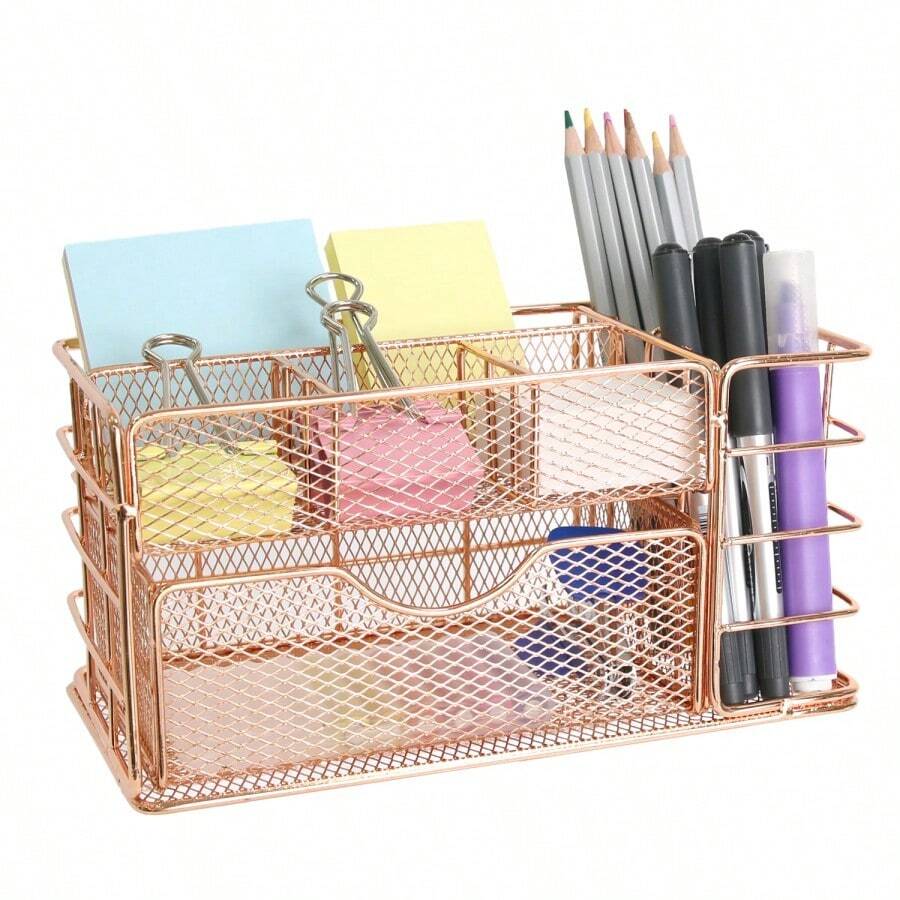 Iron Storage Basket Desktop Snack Fruit Storage Basket Cosmetic Mask Books Storage Box Household Sundries Storage Kitchen Storage - Champagne - View 1