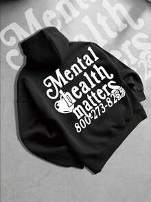 Mental Health Matters(250g Polyester Fiber) Fashionable Men's Casual Long-Sleeve Crew Neck  Hooded Sweatshirt, Suitable For Outdoor Sports, Ideal For Autumn And Winter With Prints. - 黑色 - 查看 1