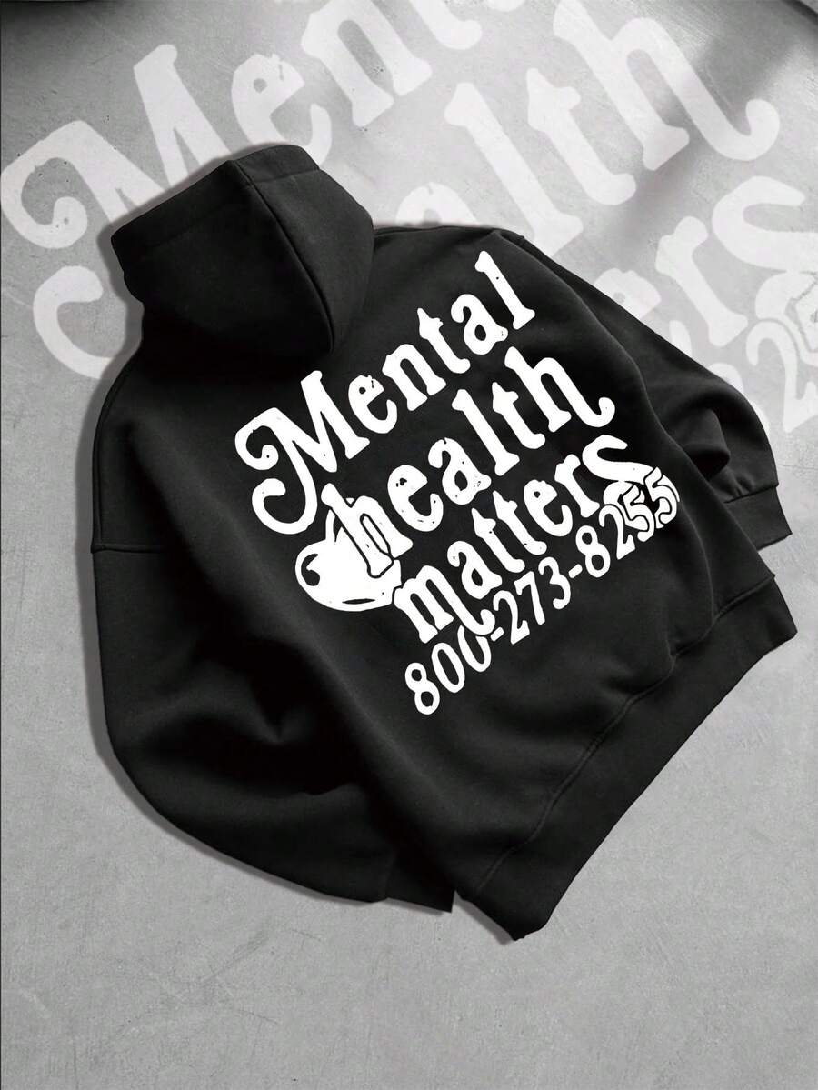 Mental Health Matters(250g Polyester Fiber) Fashionable Men's Casual Long-Sleeve Crew Neck Hooded Sweatshirt, Suitable For Outdoor Sports, Ideal For Autumn And Winter With Prints. - 黑色 - 查看 1