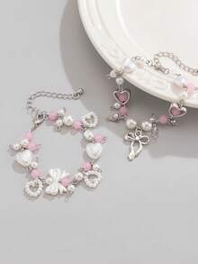 Bộ 2 vòng tay mặt dây chuyền hình nơ trái tim đính ngọc trai giả, quà tặng tình bạn và cặp đôi, quà tặng ngày Valentine, quà cho mẹ, quà Ngày của Mẹ. - Nhiều màu - Xem 3