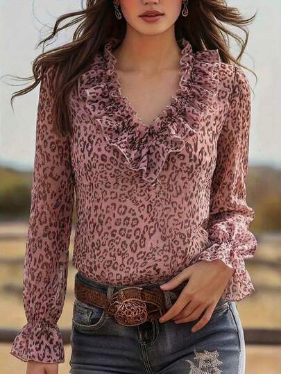 1 pieza Blusa elegante de manga larga con estampado de leopardo, volantes y pliegues de gasa, adecuada para vacaciones, hogar, oficina, citas, primavera/verano