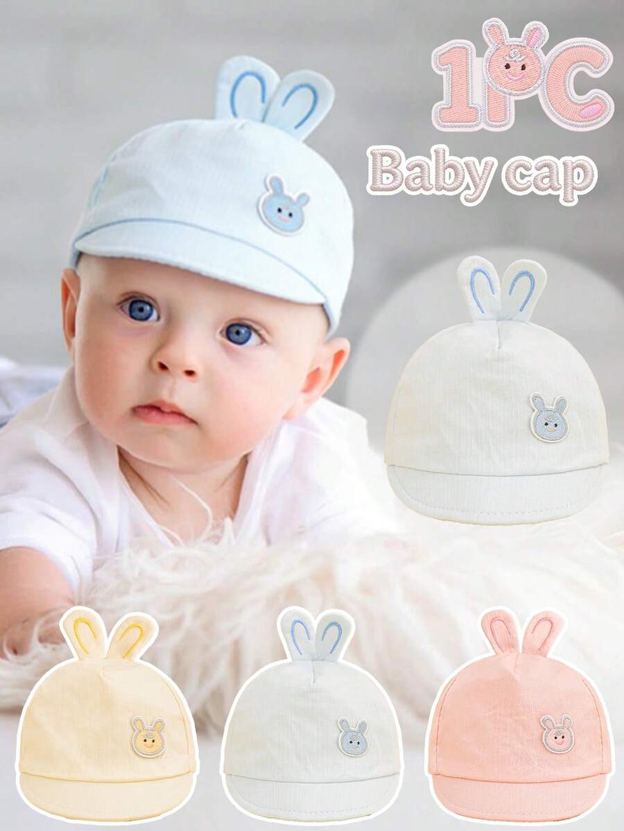 1pc Baby Thin Cute Rabbit Ear + Adorable Rabbit Badge Decor Soft Brim Sun Protection Baseball Cap, Breathable Comfortable Stretchy Non-Restrictive, Suitable For 0-3 Months Newborn Babies Outdoor Use, Multi-Color Options - Multicolor - View 1