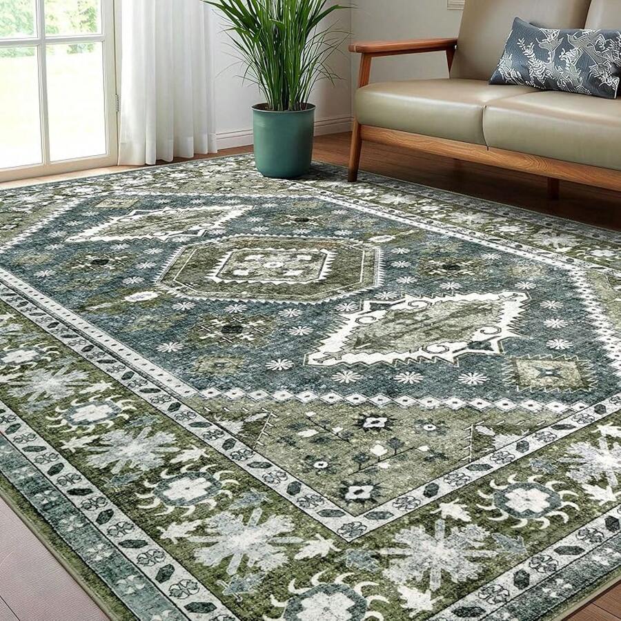 8x10 Area Rugs Living Room, Washable Non Slip Floral Floor Carpet, Low Pile Lightweight Print Rugs Bedroom, Dining Room, Home Office, Blue And Green, Trending Boho Style - 03green - 查看 1