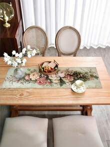 1pc Elegant Pink Rose Table Runner - Vintage French Style, Polyester Fabric, Long Floral Print, Vibrant Flower Pattern, Ideal For Home Decor And Party Decoration, Floral Ornament - Green - View 4