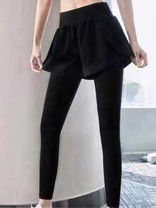 Calça legging feminina 2 em 1 de cintura alta para corrida com saia, calça legging de compressão para ioga de secagem rápida, calça de treino justa, adequada para fitness, cós largo, preta. - Preto - Ver 2