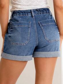 Women's Casual Party Denim Set, Rolled Hem Denim Shorts, Elastic Fitted Sexy Beach Denim Pants With Pockets, Suitable For Music Festivals Summer - Medium Wash - View 5