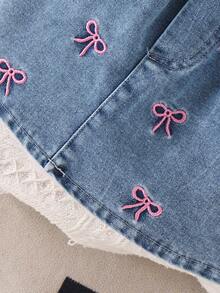 2pcs Baby Girls' Sweet Street Style Bow Letter Print Round Neck Top And A-Line Denim Skirt Set, Spring/Autumn - Beige - View 9