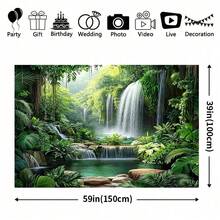 Pancarta plana 2D Telón de fondo de cascada de selva espesa - Escena vibrante de selva tropical envuelta en niebla, fácil de colgar, sin necesidad de suministro eléctrico - Perfecto para cumpleaños y eventos con tema de primavera, con una vista de cascada alta en la sala de estar - Multicolor - Ver 5