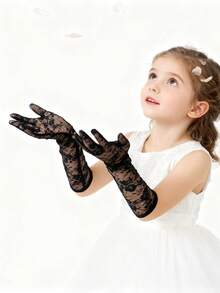 1 paire de gants de demoiselle d'honneur à fleurs en dentelle pour filles de 3 à 8 ans, gants élégants pour mariage, cérémonie et événement formel - Longue fleur en dentelle - Voir 3