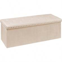 Folding Storage Ottoman Bench Folding Veet Tuffed Foot Rest Stool With Rivet End Of Bed Bench Large Long Shoes Chest For Bedroom Entryway Living Room Beige 41.3 Inches - Beige - View 1