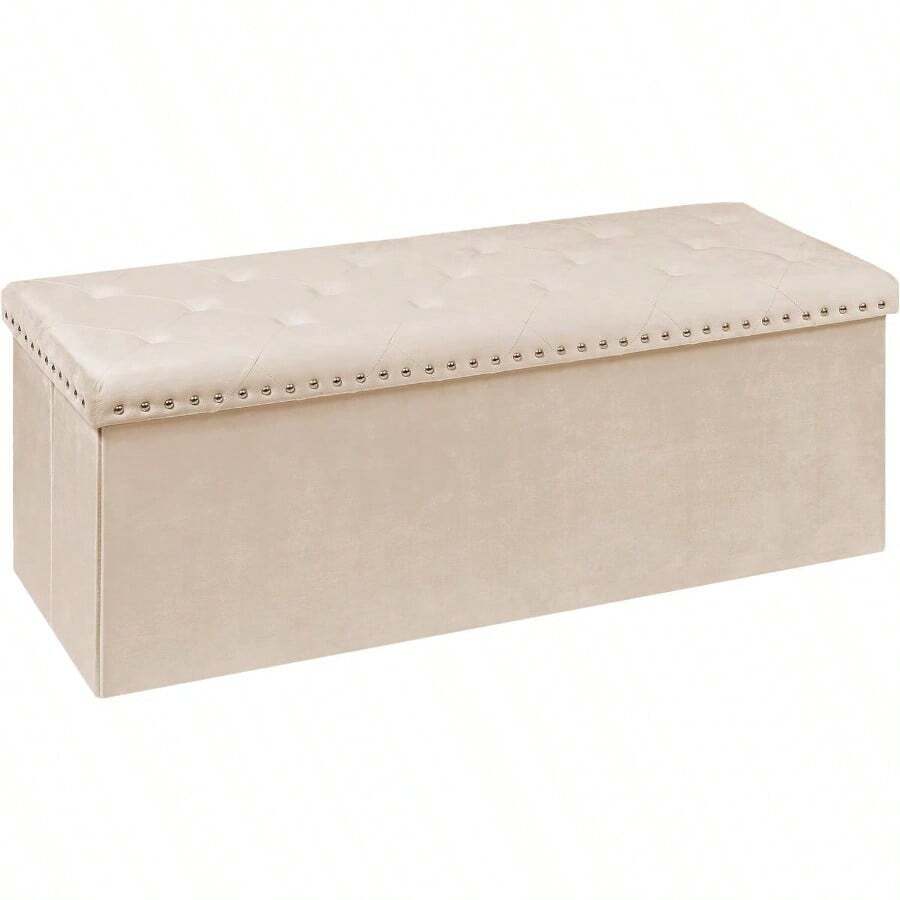 Folding Storage Ottoman Bench Folding Veet Tuffed Foot Rest Stool With Rivet End Of Bed Bench Large Long Shoes Chest For Bedroom Entryway Living Room Beige 41.3 Inches - Beige - View 1