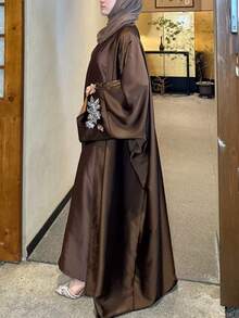 Embroidery & Beading Satin Cardigan Abaya 3D Butterfly Embroidery Kimono Minimalist & Elegant Cardigan Abaya - Brown - View 2