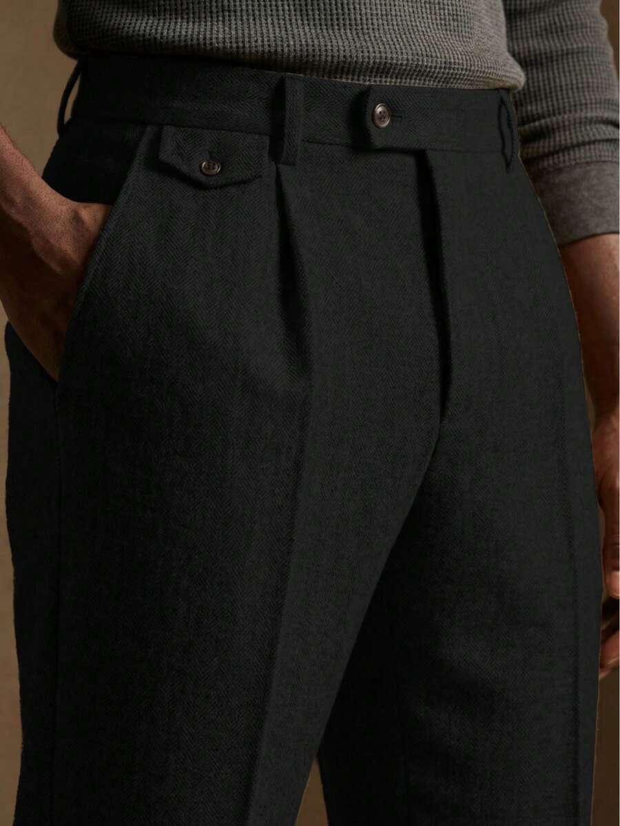 Mens Slim Fit Herringbone Tweed Wool Plaid Trousers Retro Dress Business Suit Pants - 黑色 - 查看 1