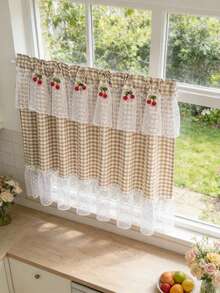 1pc Elegant Farmhouse Style Plaid Pattern Linen Short Curtain, Decorated With White Lace Ruffle And Red Cherry Pattern, Coffee Curtain Valance, Suitable For Kitchen And Bathroom Windows, Rod Pocket Top - Beige - View 6