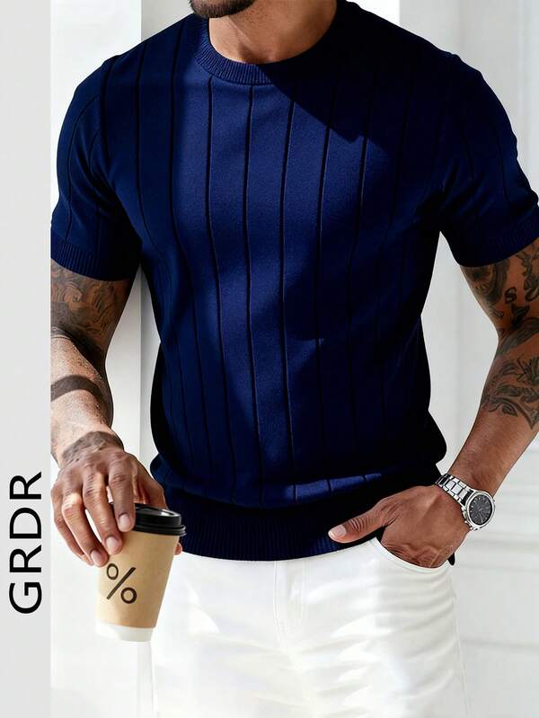  GRDR Men's Summer Ribbed Crew Neck Lightweight Knit Short Sleeve Sweater