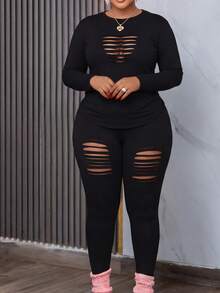 Plus Size Women 2 Pieces Set, Sexy Hollow-Out Long Sleeve Top And Versatile Fretwork Loose Pants, For Spring/Autumn Casual Black Elegant - Black - View 2