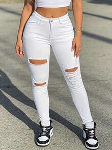 Stylish Women's White Cropped Skinny Jeans With Distressed Details Denim With Medium Stretch - White - View 1
