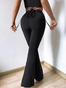 女士休闲纯色腰部镂空修身裤 - 黑色 - 查看 9