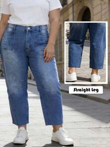 大码夏季蓝色高腰日常优雅休闲七分牛仔裤 - 中等水洗藍 - 查看 2