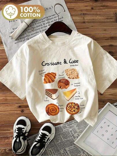 Camiseta de algodón con estampado "Croissant & Cake" casual de moda para mujer