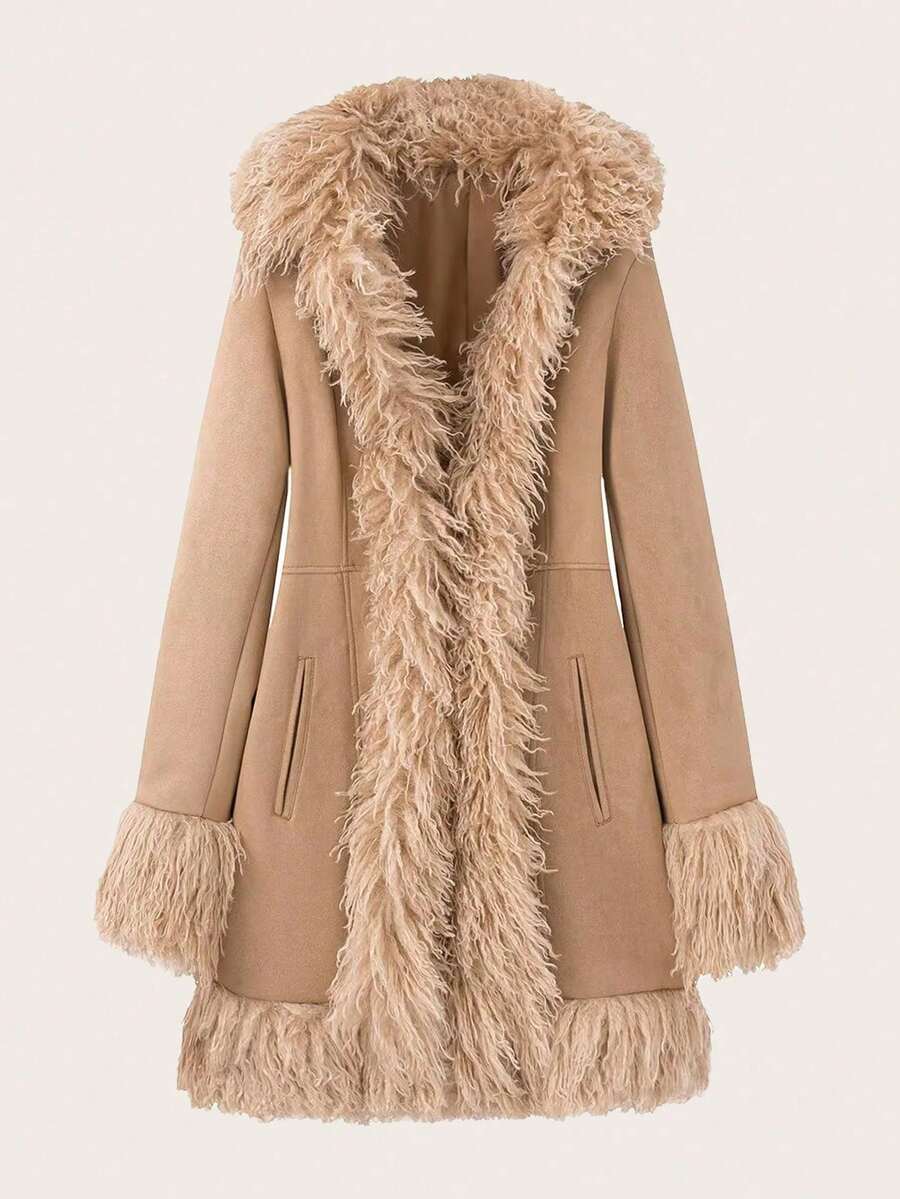 Áo khoác da lộn màu trơn phối tua rua, thích hợp cho mùa xuân và mùa thu. - Màu Khaki - Xem 1