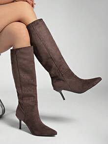 Pointed Toe Fashionable Versatile Suede Leather Thigh-High Boots - Coffee Brown - View 5