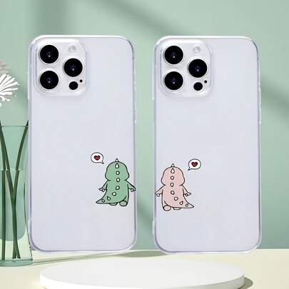 2 piezas Funda protectora de teléfono transparente con patrón de corazón de dinosaurio en pareja, cobertura total, anti-caída, minimalista, compatible con iPhone11 12 13 14 15 16 17 ProMax, A55/54/53/52/51, S25/24/23/22/21 Series