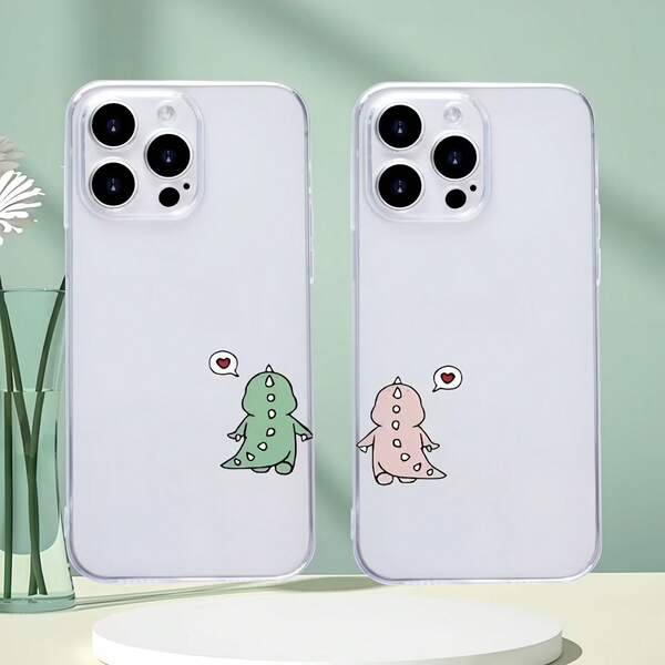 2 Stücke Paar Dinosaurier Herz Süßes Muster Transparente Vollabdeckung Anti-Sturz TPU Minimalistische Handyhülle Kompatibel mit Iphone11 12 13 14 15 16 17 ProMax, A55/54/53/52/51, S25/24/23/22/21 Serie