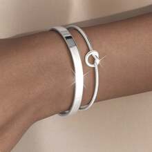 Set Of 2 Luxury Women's Bracelets: Heart-Shaped Knot Bracelet + Plain Metal Bracelet - 銀色 - 查看 2